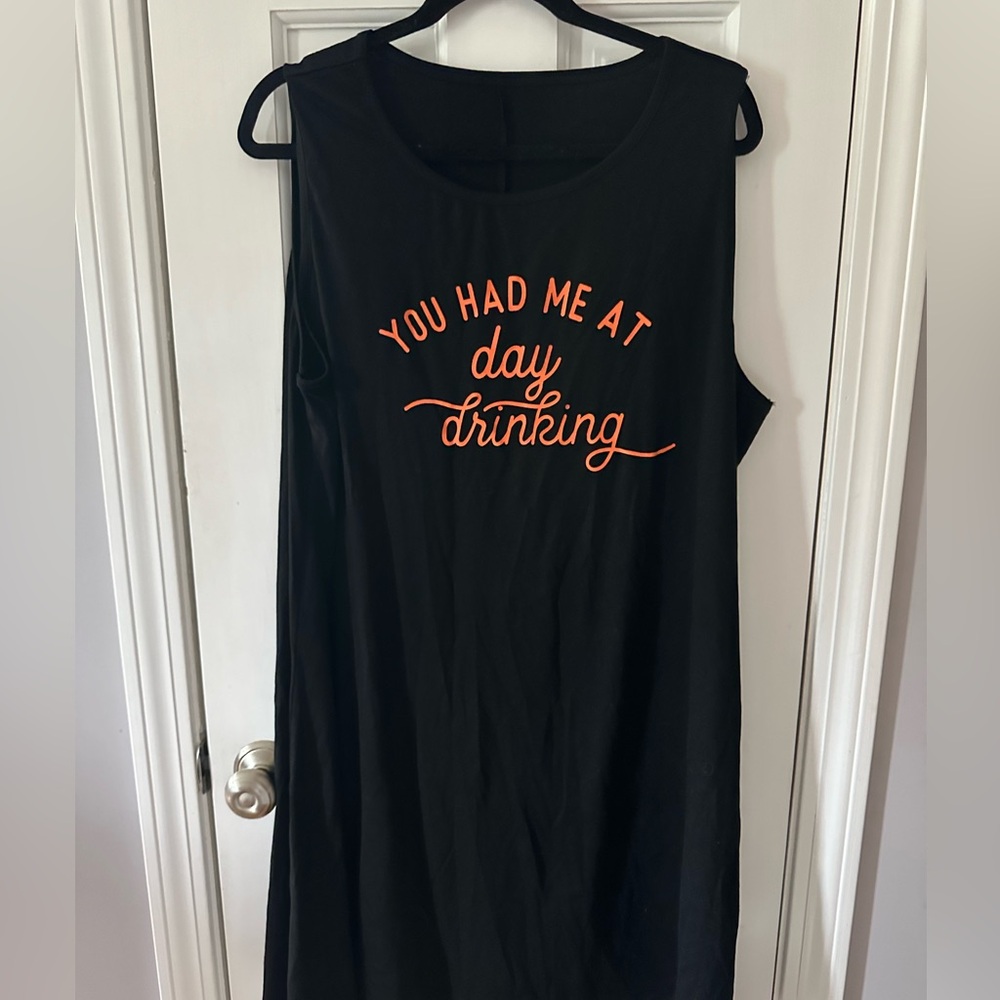 Black Sleeveless Dress with Orange "You Had Me at Day Drinking" Script